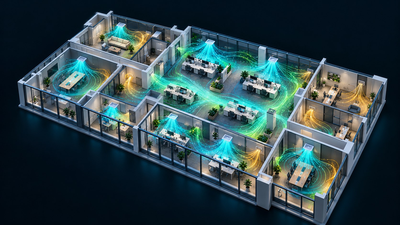 Architectural cutaway illustrating airflow from ceiling diffusers through an office building